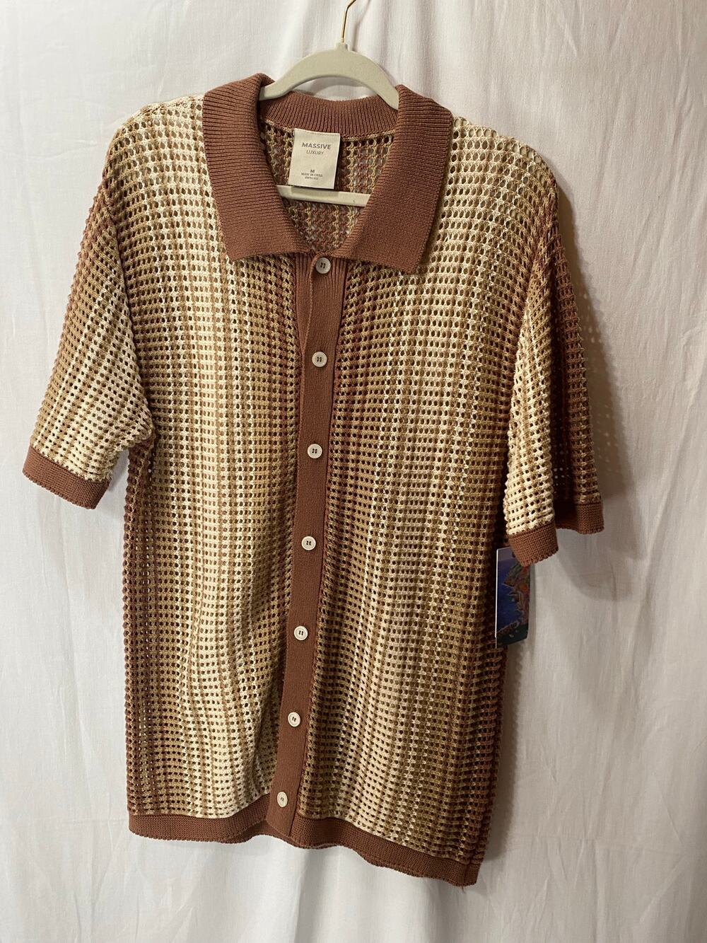 Massive Luxury Brown Beige Cotton Open Knit Stripe Casual Button Down Shirt M